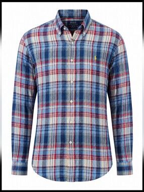 Polo Ralph Lauren Custom Fit 100% Linen Plaid Button Down Shirt Blue Red Men's L